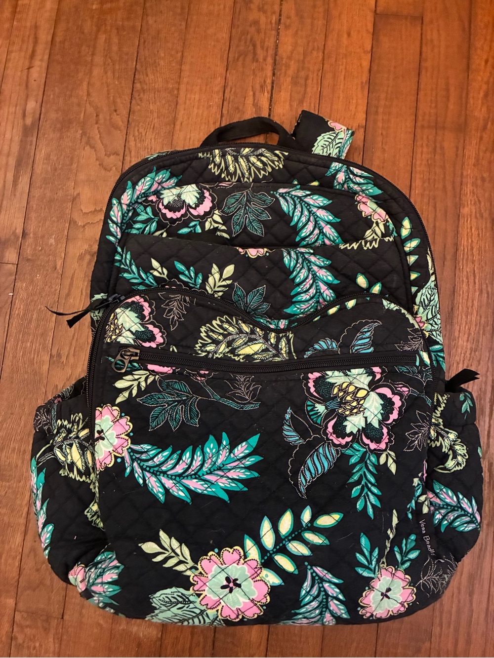 Vera Bradley Black Quilted Backpack with Teal, Pink & Yellow Floral Print
